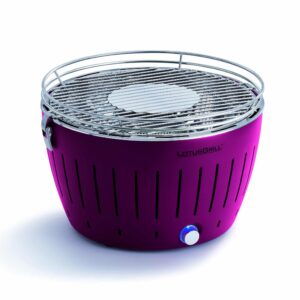 LotusGrill Standard Smokeless Table Top Grill With Fuel and Free Bag - Purple top and side view